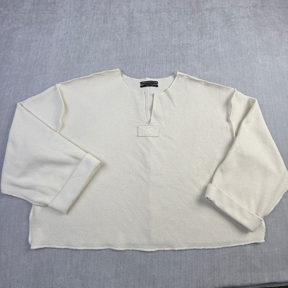 Urban‎ Outfitters Cream Ribbed Split Neck Oversized Pullover Top Small